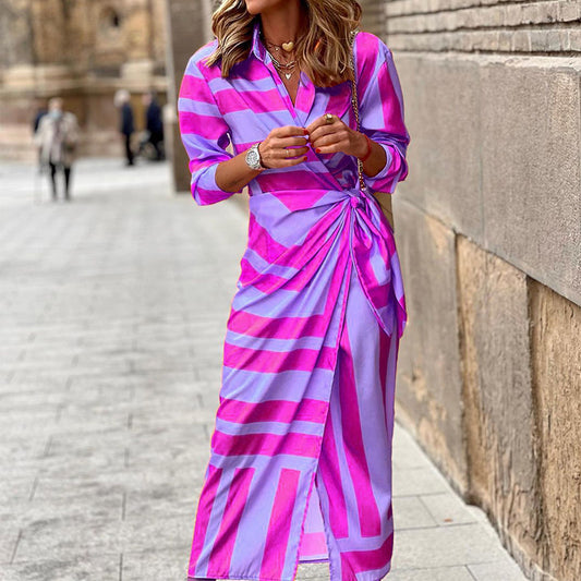 European and American-Style Cardigan Dress with Lace-Up Detail and Striped Print