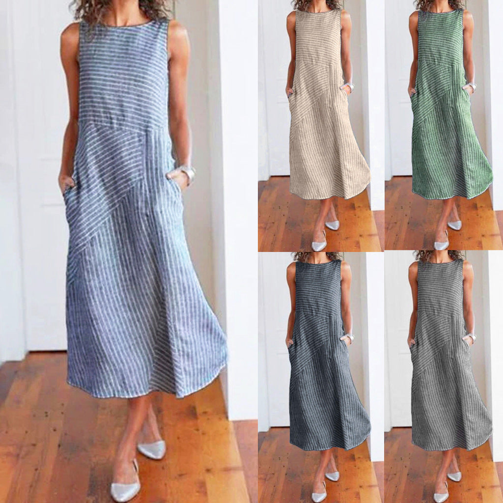 Sleeveless Maxi Dress with Casual Striped Pattern