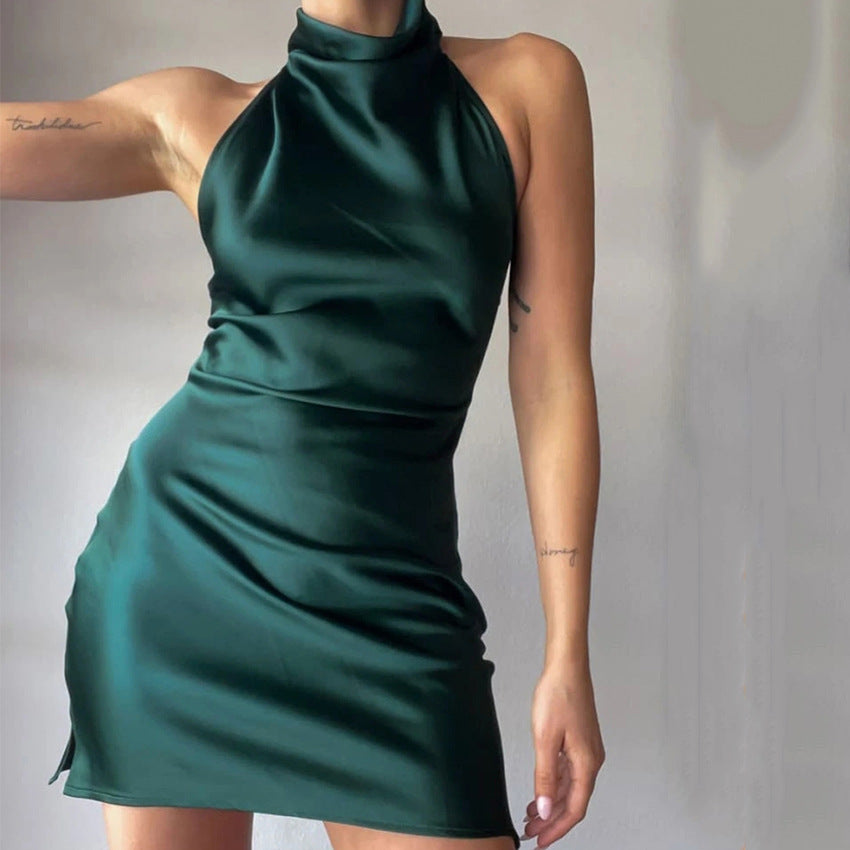 Halter Skirt Satin Sexy Slim Fit Sleeveless Elegant Fashion Hip Dress Women's Clothing