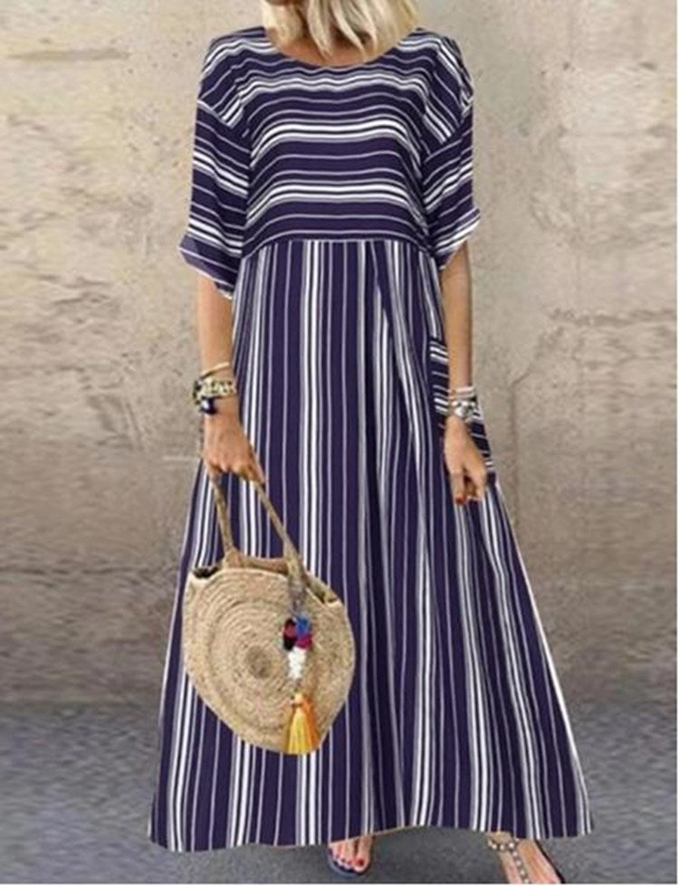 Striped Mid-Waist Dress with Mid-Sleeve Fishtail Cotton High-Waist Long Skirt