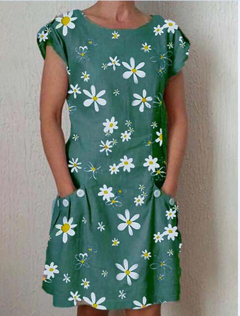 Short Sleeve Women's Dress with Small Daisy Print and Pocket Detail