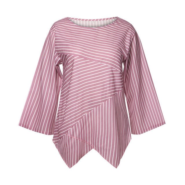 V-neck striped irregular long-sleeved shirt