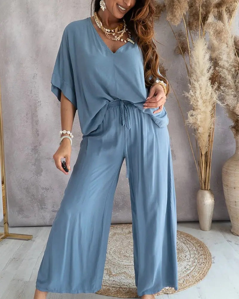 Fashion Solid V-neck Loose Suit For Women