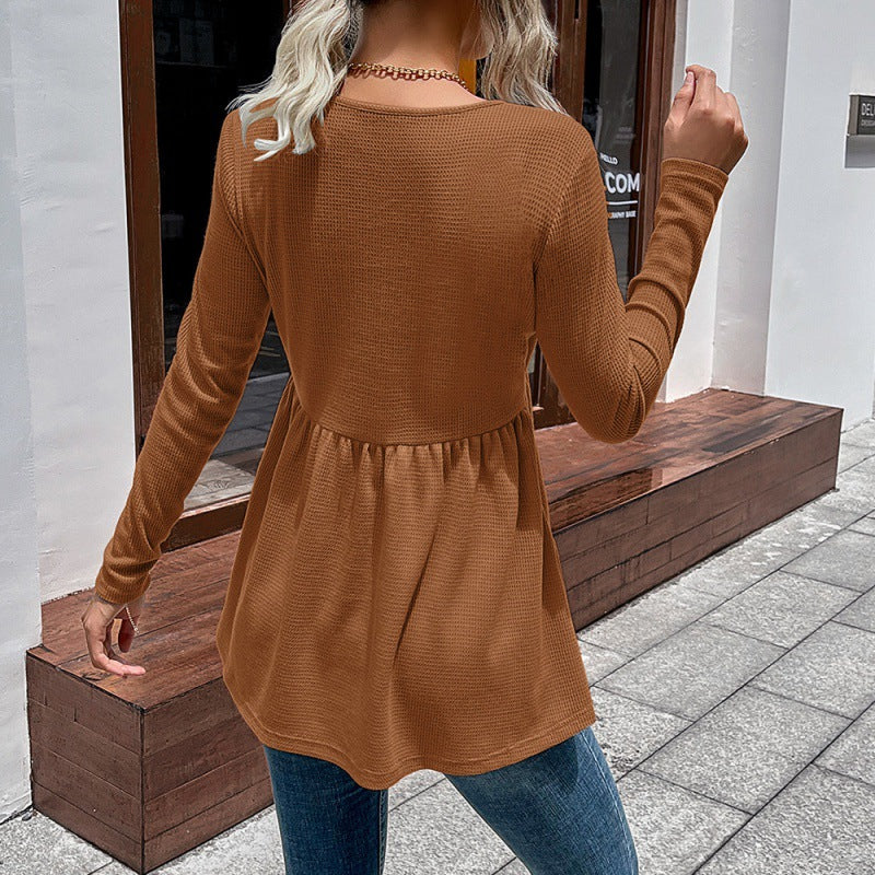 Loose Casual Solid Color V-Neck Long Sleeve Tata Top