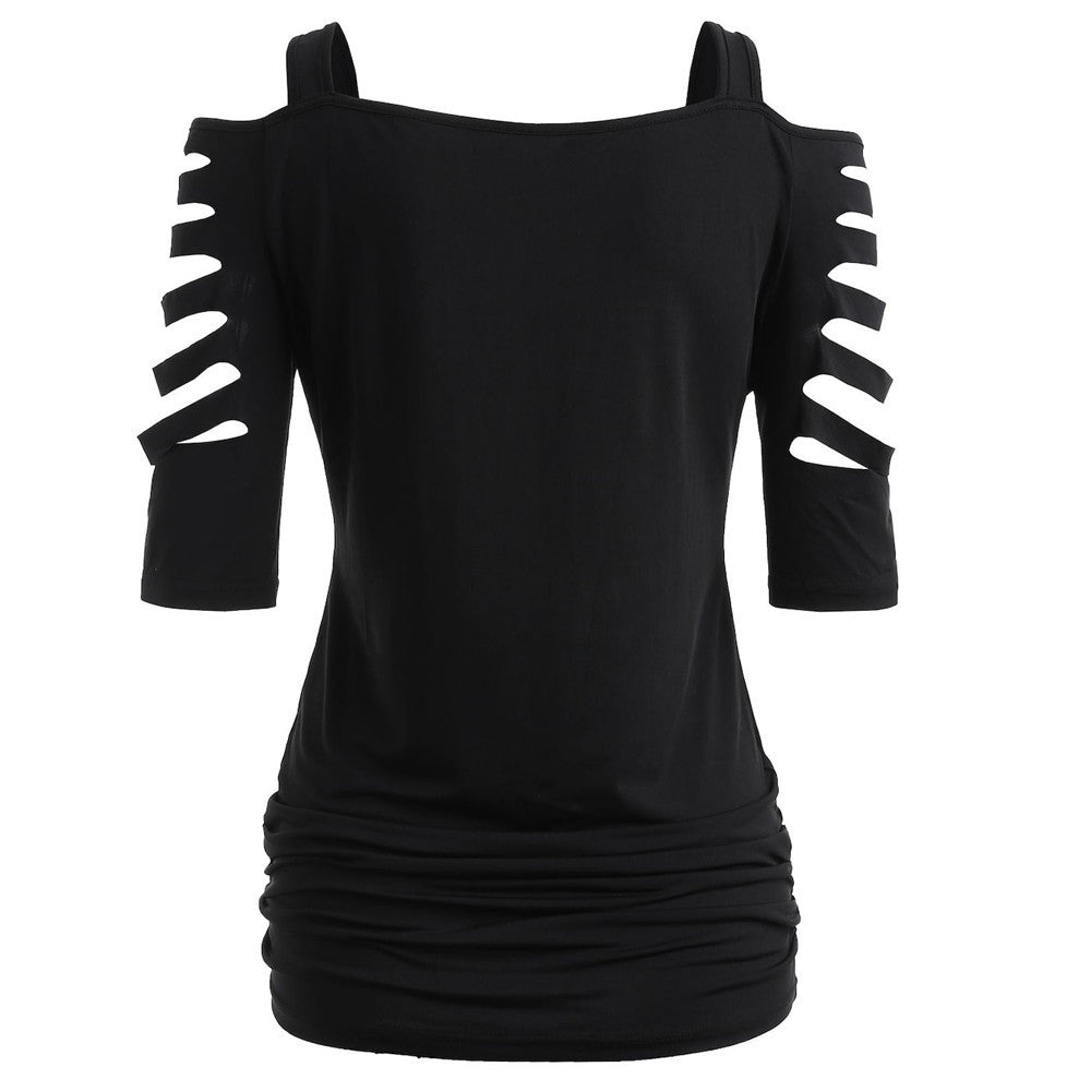 Women's Fashion Shoulder Cut-off Sleeve T-shirt Hollowed Leisure Top