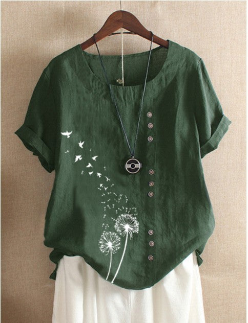 Retro Cotton And Linen Print Loose Short-Sleeved Casual Shirt