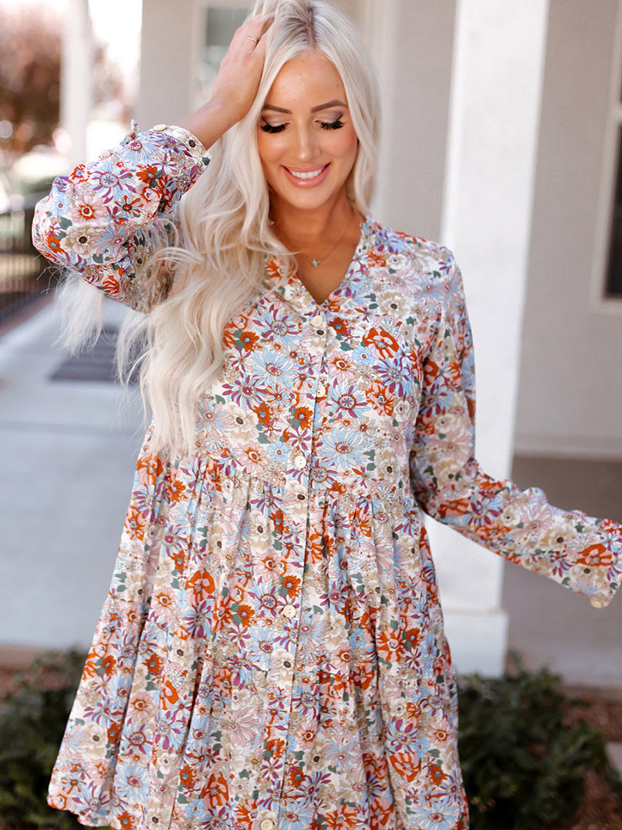 Women's Floral Long Sleeve Dress V Neck