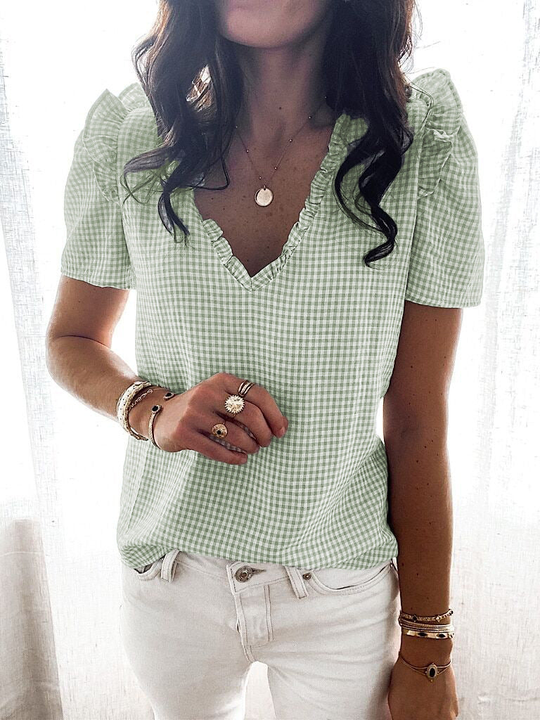 V-neck Short-Sleeved Fashion Top with Ruffled Plaid Design