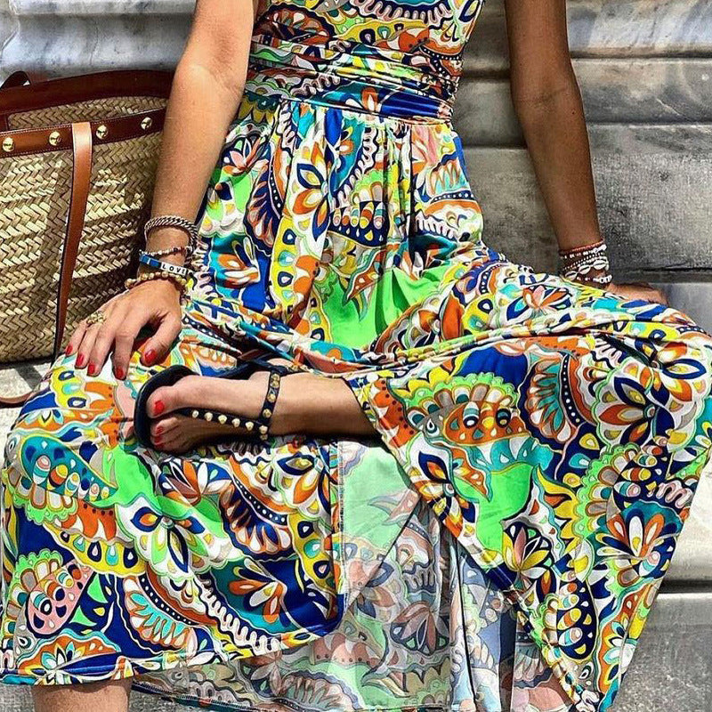 Printed One Shoulder Sleeve Boho Maxi Dress Women's