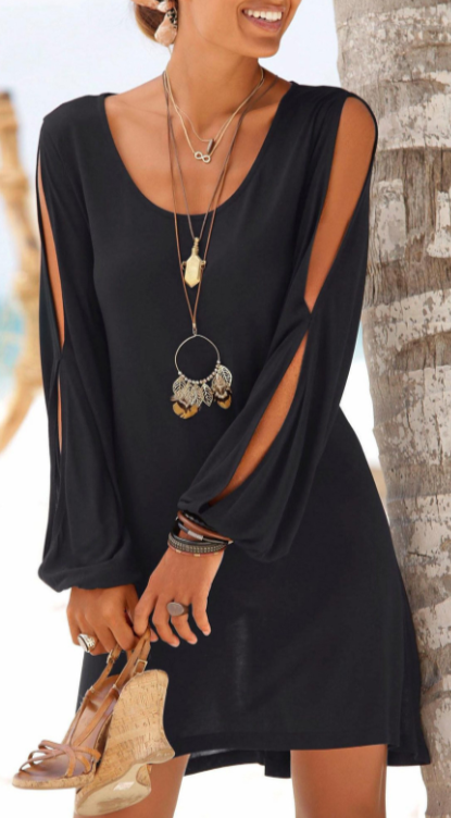 Dress Deep V-neck Loose Shoulder Long Sleeve Casual Beach Dress