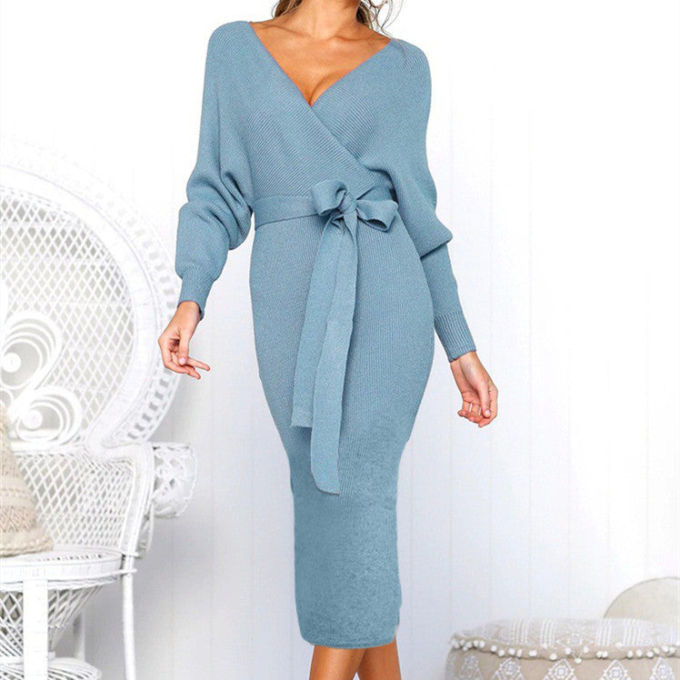 Women's Sexy V-neck Tie Long-sleeved Dress