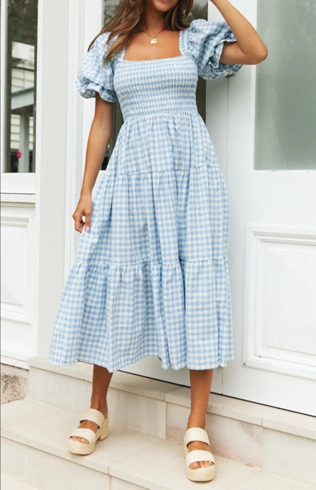 Plaid Dress Square Collar Puff Sleeve High Waist