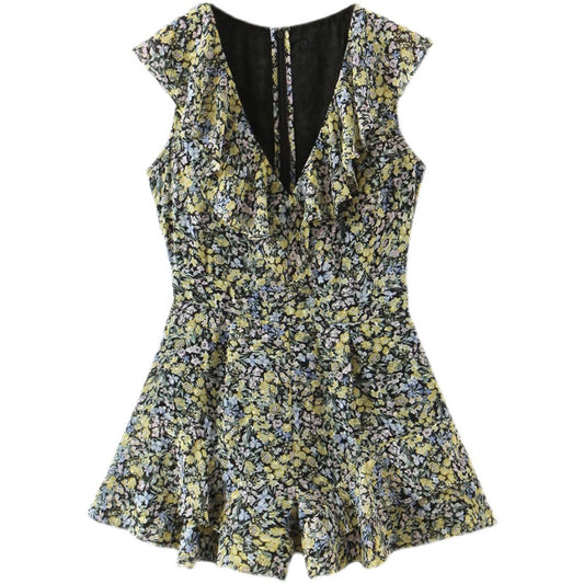 V-Neck Chiffon Jumpsuit with Sleeveless Design, Lotus Leaf Collar, and Fashionable All-Match Shorts