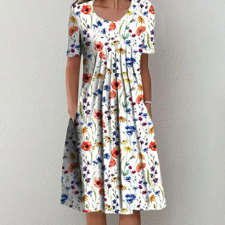 Floral Round Neck Midi Straight Dress for Casual Wear