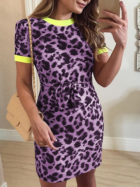 Summer New Women's Slim Fit Leopard Print Short Sleeve Dress