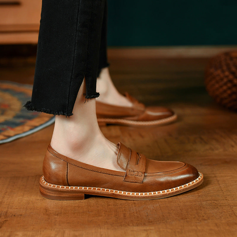 Light Brown Simple English Small Leather Shoes