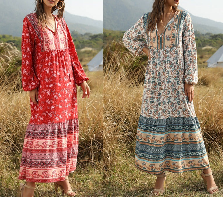 Long Bohemian Dress with Lace-Up Detail and Print