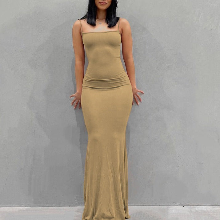 New Fashion Solid Color Sleeveless Sling Long Dress