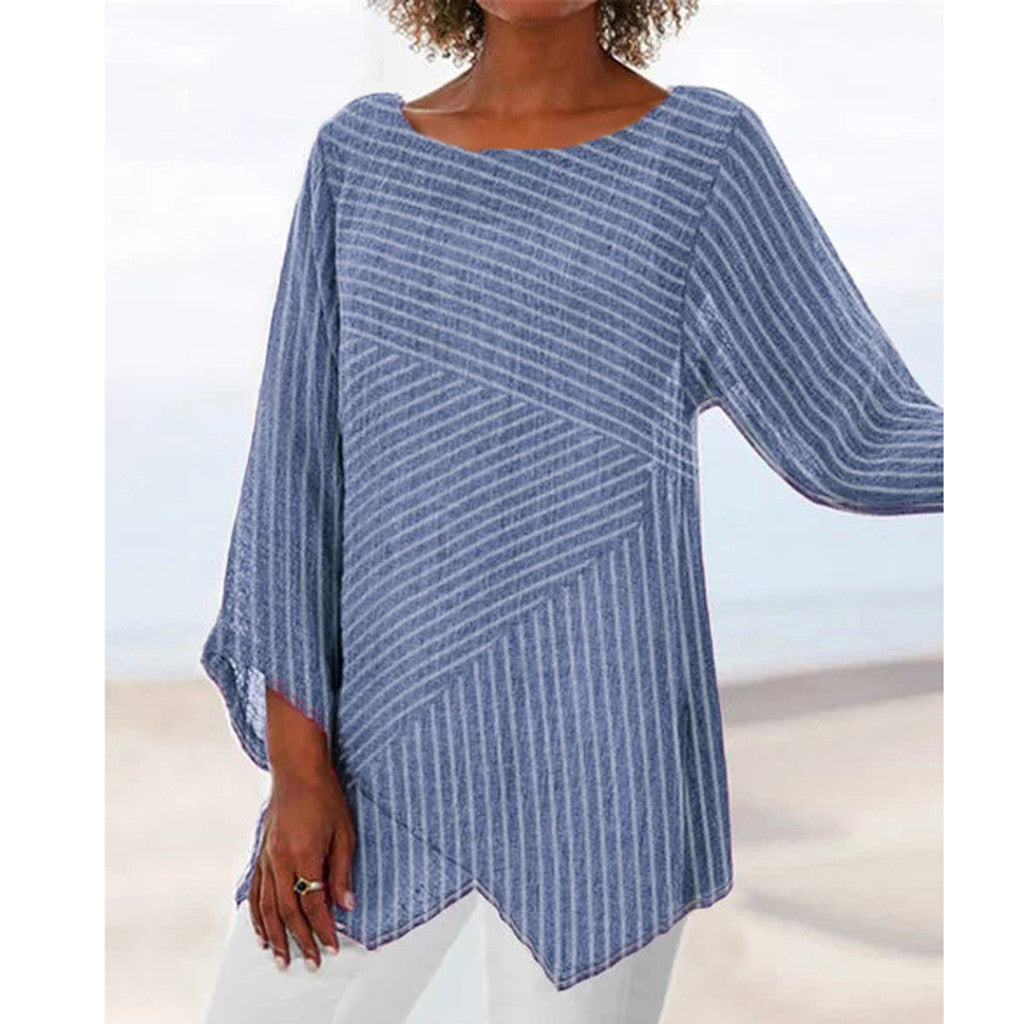 V-neck striped irregular long-sleeved shirt