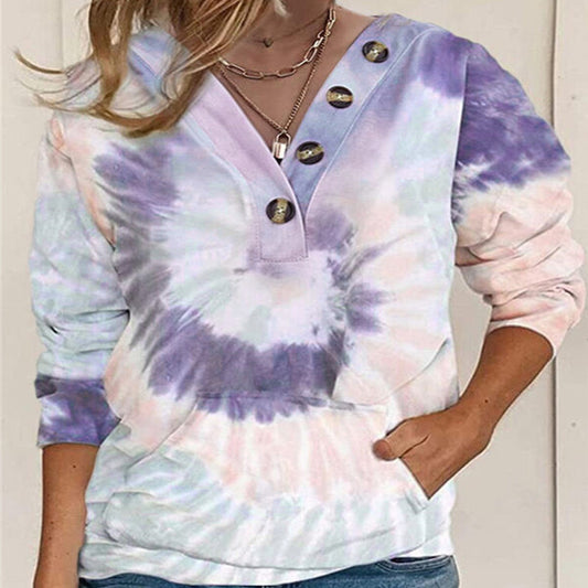 Women's Loose Tie-dyed Printed Button Long-sleeved Sweater
