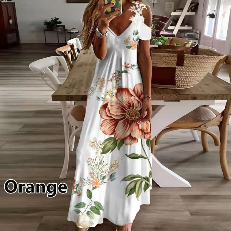 Women's Summer New Lace Sling V-neck Fashion Printed Loose Dress