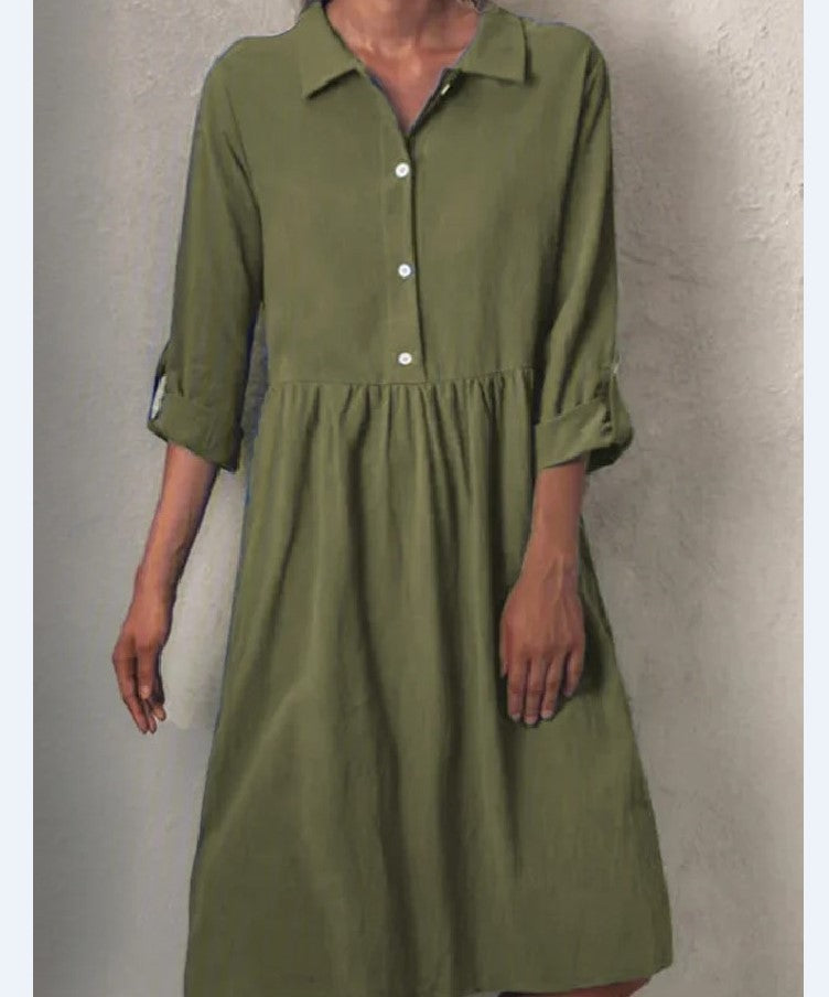 Solid Color Basic Long-sleeved Shirt Collar Buttoned Dress