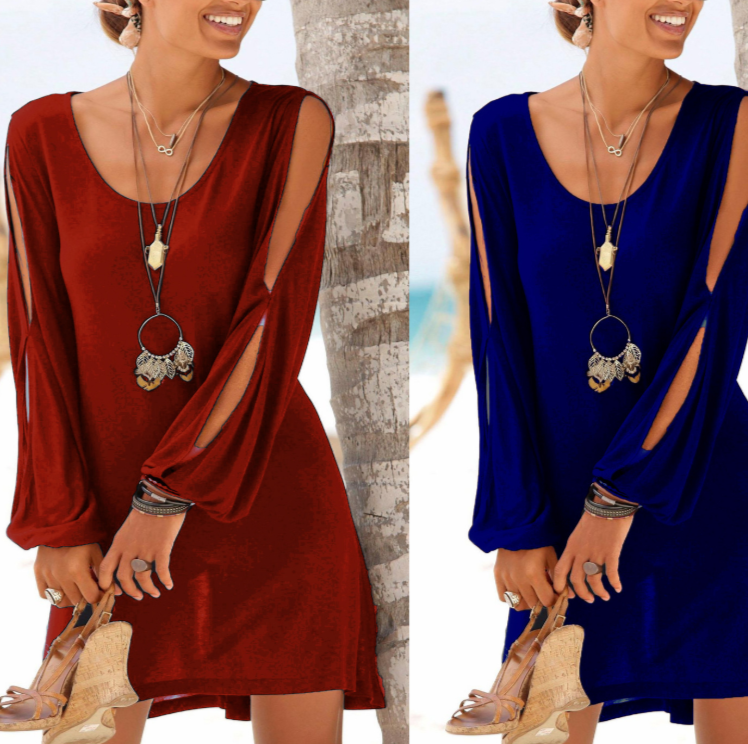 Dress Deep V-neck Loose Shoulder Long Sleeve Casual Beach Dress