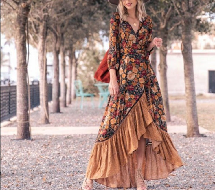 Printed Long Sleeve Retro Dress with Long Skirt