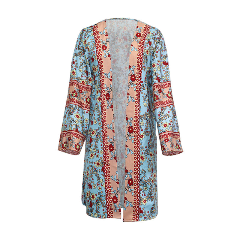 Loose Boho Printed Midi Cardigan for Women with Long Sleeves