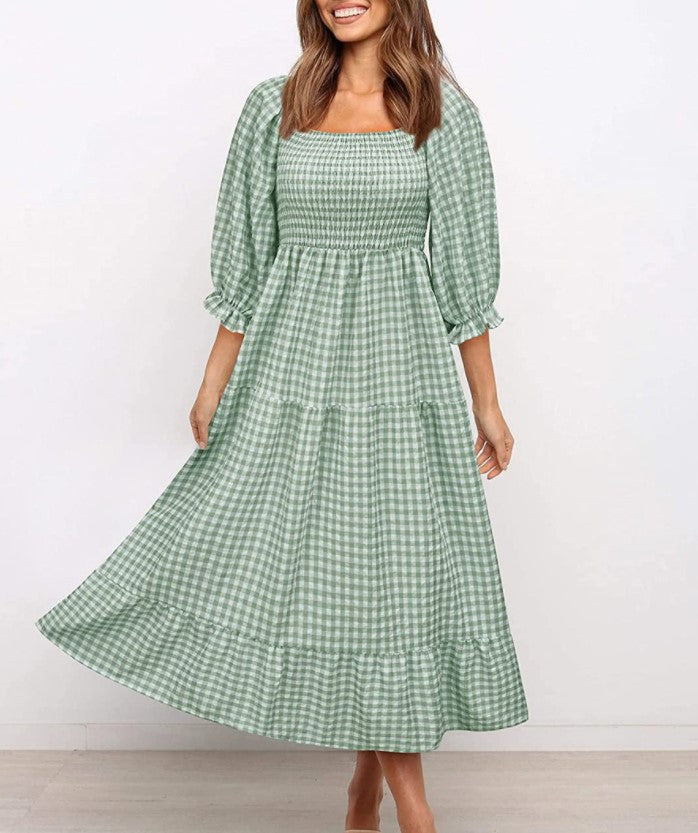 Ladies Plaid Cotton And Linen Elastic Waist Dress