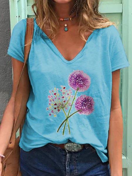 V-neck T-shirt with Dandelion Print and Short Sleeves