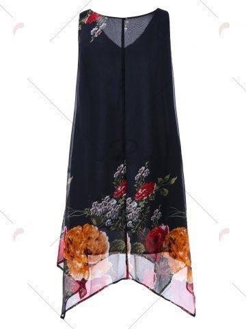 Large Size Women's Sleeveless V-neck Chiffon Positioning Flower Irregular Dress