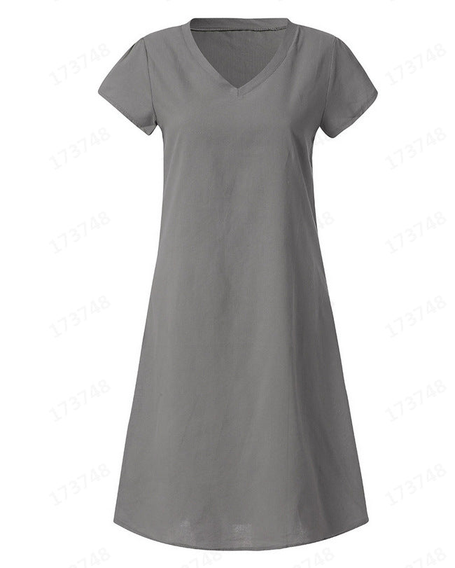 Short Sleeve V-Neck Solid Color Dress for Women