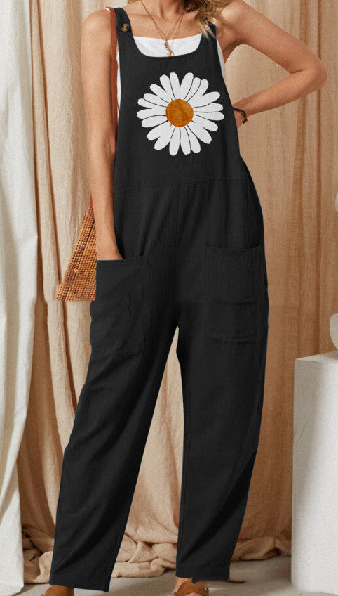 Women's Outer Flower Overalls Cotton Linen Buttons