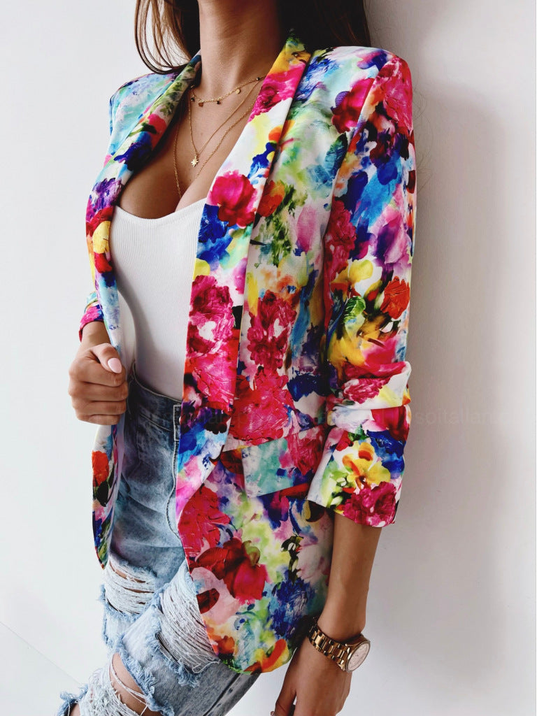 Floral Digital Printing Long Sleeve Lapel Women's Slim Fit Jacket