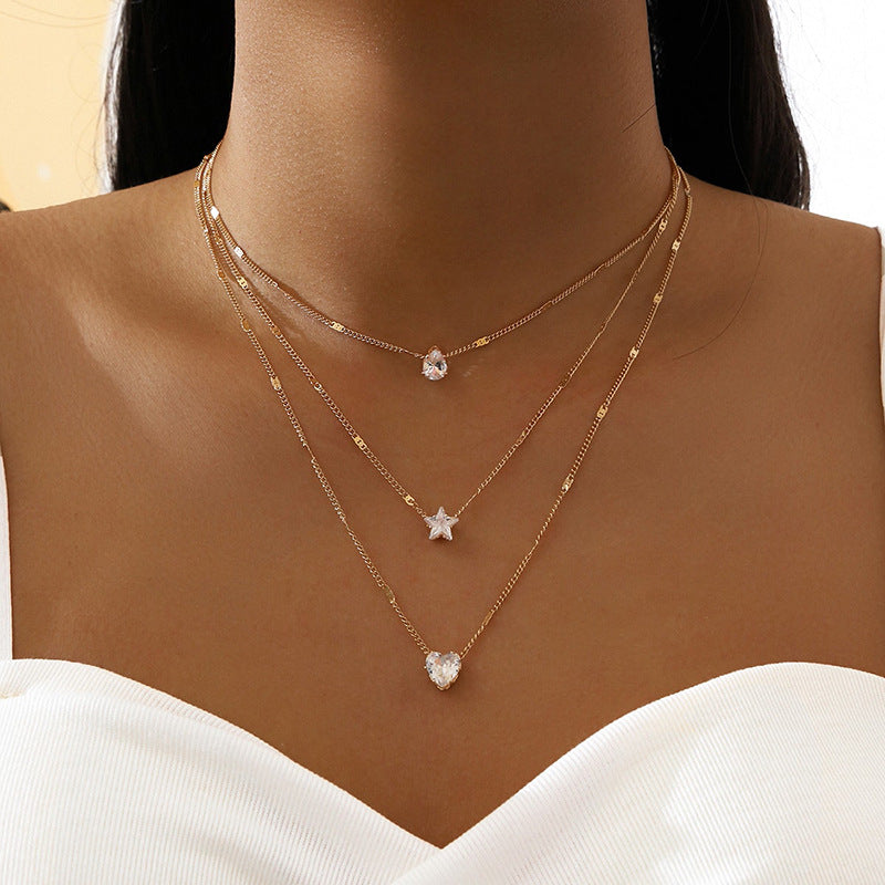 Fashion Simple Multi-layer Five-pointed Star Heart Water Drops Pendant Vintage Necklace