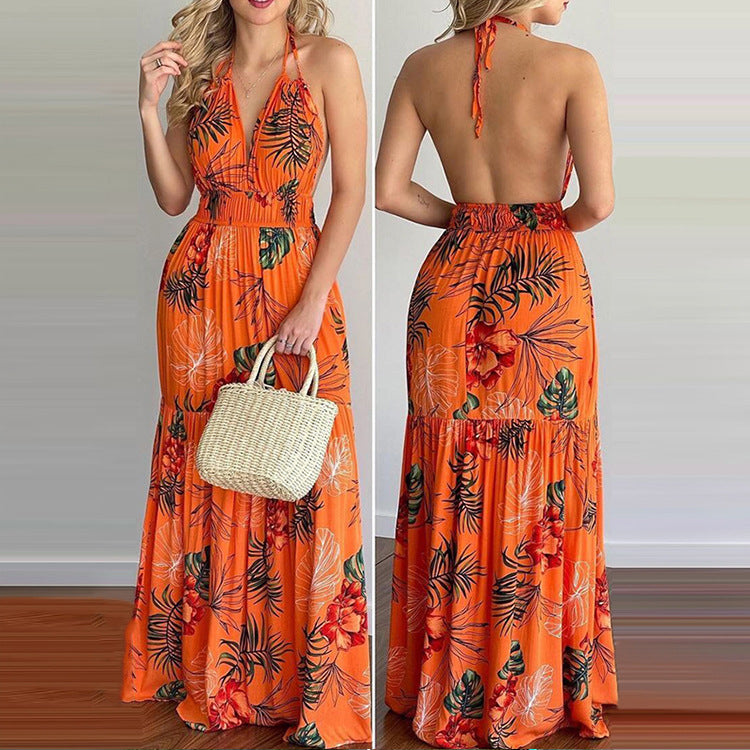 New European And American Halterneck Halter Print Holiday Style Long Skirt Dress Women