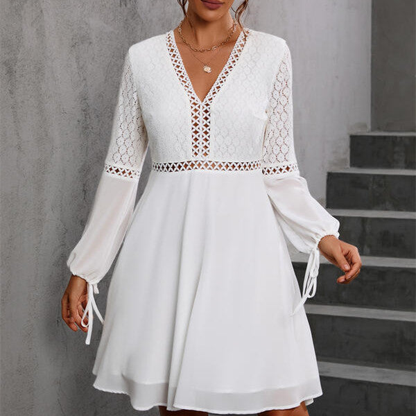 V-neck Long Sleeve Lace Stitching Dress