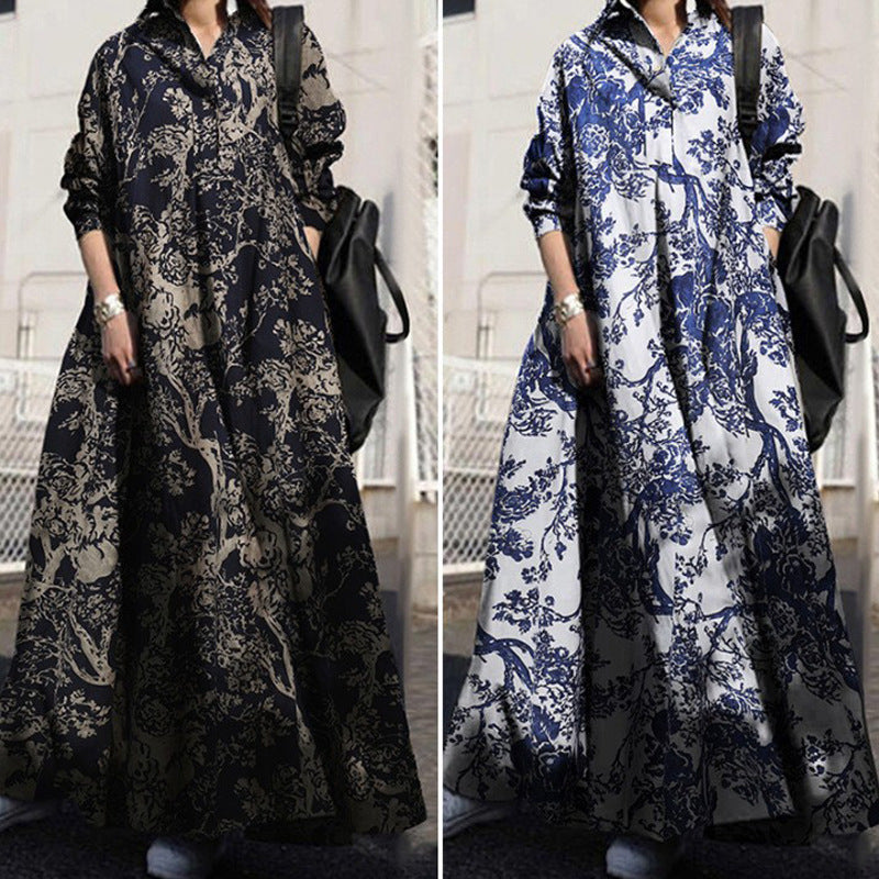 Autumn Retro Ethnic Style Printed Cotton and Linen Dress