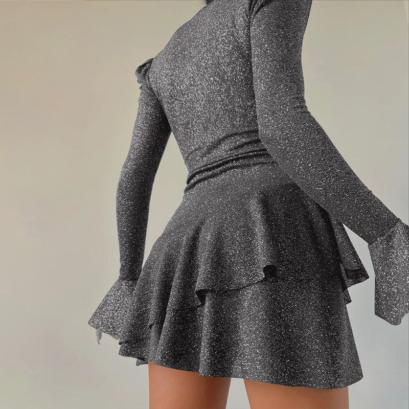 U-neck Low-cut Flared Sleeves Peplum Dress