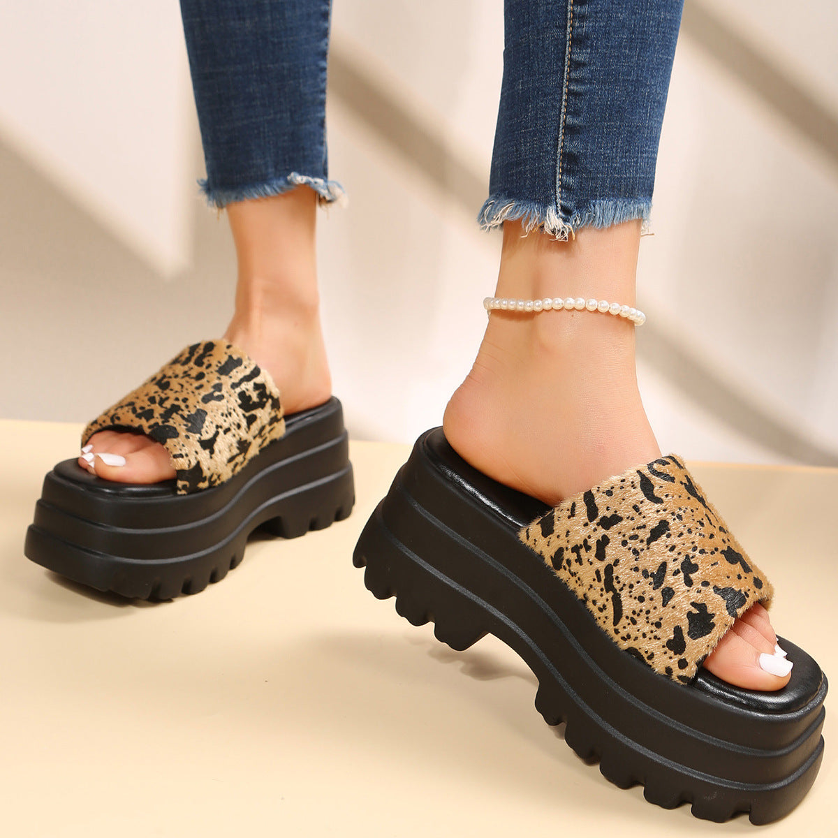 Peep Toe Slipper High Heel Flat Shoes Summer Cow Print Sandals