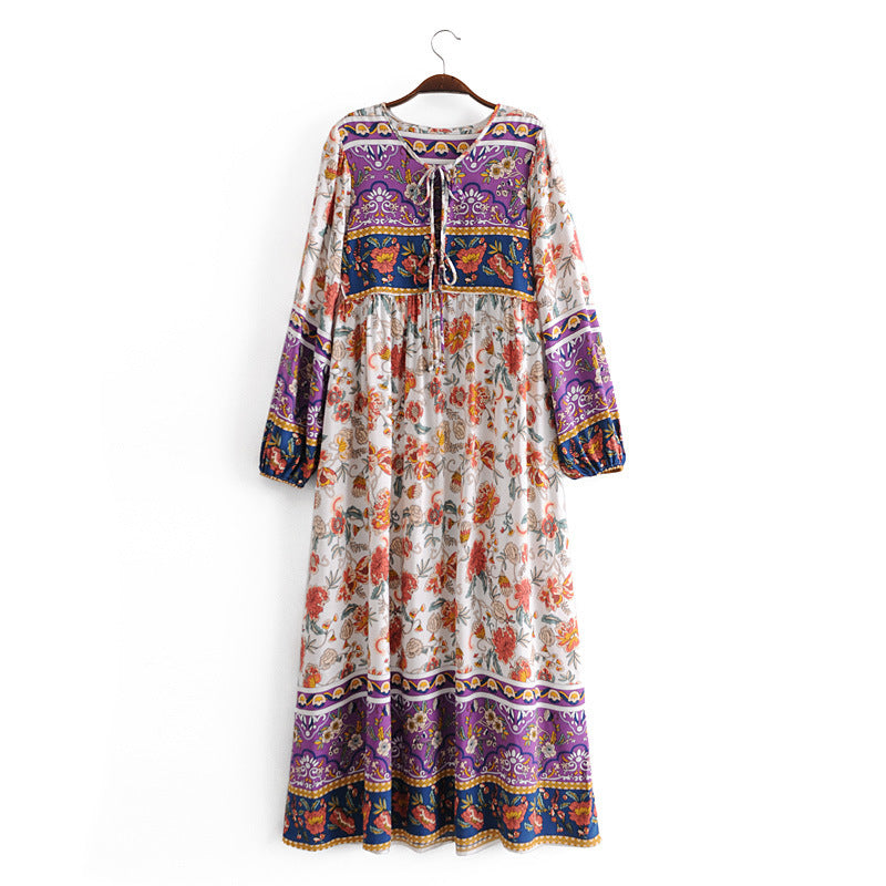 Vacation-Style Lantern Sleeve Dress with Positioning Print, Perfect for Travel