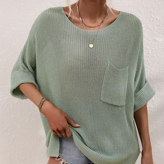 Cross-Border Knitted Loose Solid Color Fashion Pullover for Women