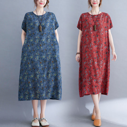 Literary Loose Cotton And Hemp Printed Round Neck Short-sleeved Dress For Women