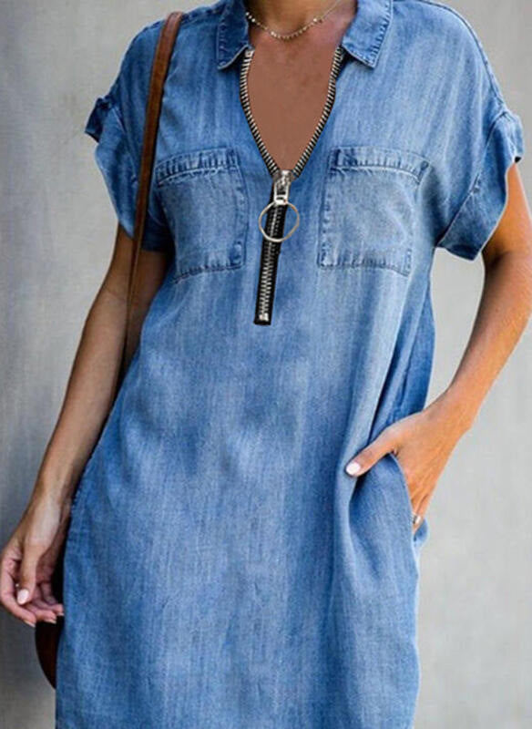 Slim Denim Dress With Collar And Zipper