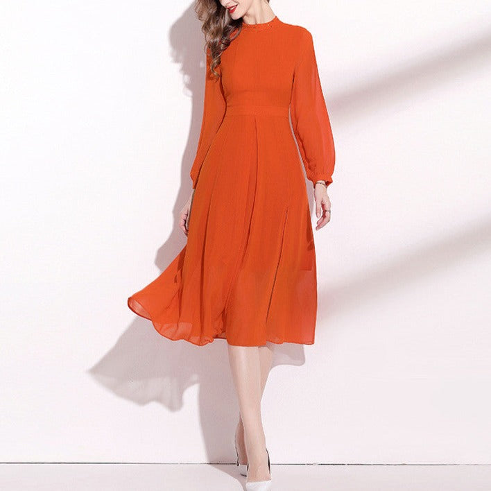 Orange Long Sleeve Dress Elegant Lady