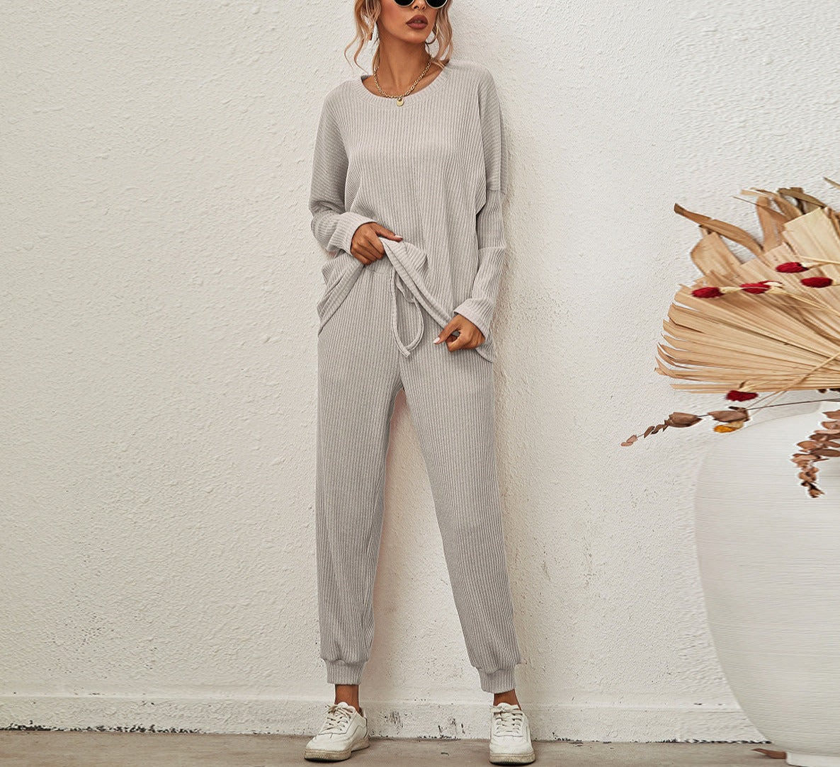 Solid Color Long Sleeve Loose Casual Suit Homewear Pajamas