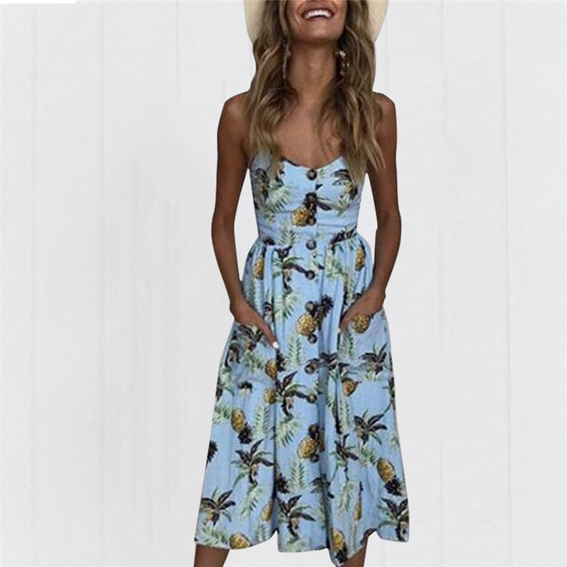 Women Floral Print Midi Dress Pocket Button Spaghetti Strap Prairie Chic Sundress