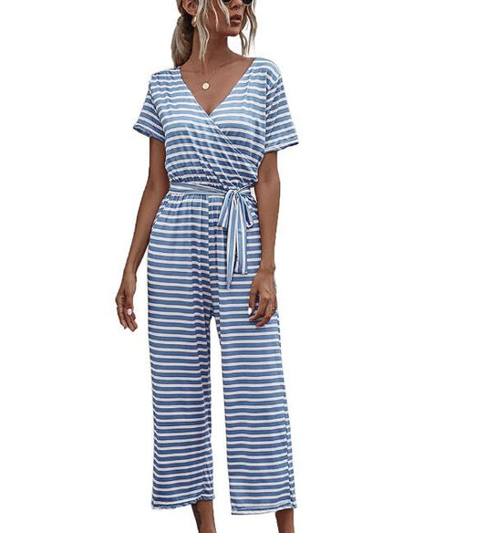 Women's fashion striped V-neck short-sleeved lace-up slim women's jumpsuit