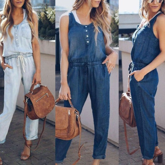 Women Summer Solid Sleeveless Denim Jumpsuit Long Trousers Trousers